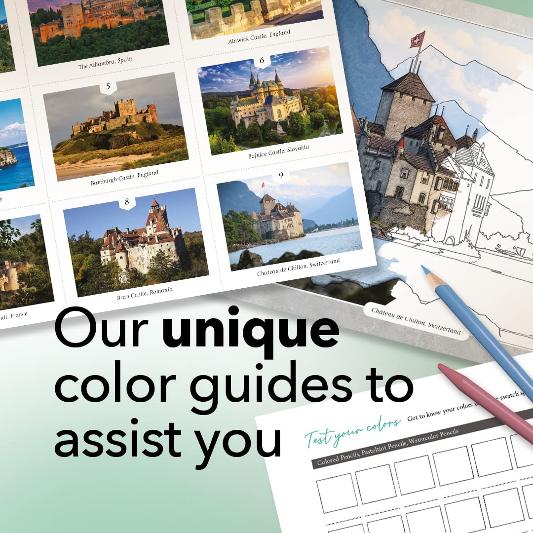 Castle Arts Castles Colouring Book | 36 Stunning Castles Curated by in-House Artists to Focus The Mind | with Colour Reference Guide | No Show-Thru Artist Grade Paper | Frameable Landscape A4 Size Castle Art Supplies