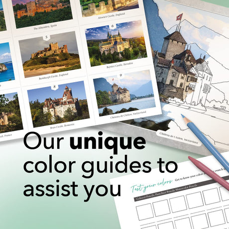Castle Arts Castles Colouring Book | 36 Stunning Castles Curated by in-House Artists to Focus The Mind | with Colour Reference Guide | No Show-Thru Artist Grade Paper | Frameable Landscape A4 Size Castle Art Supplies