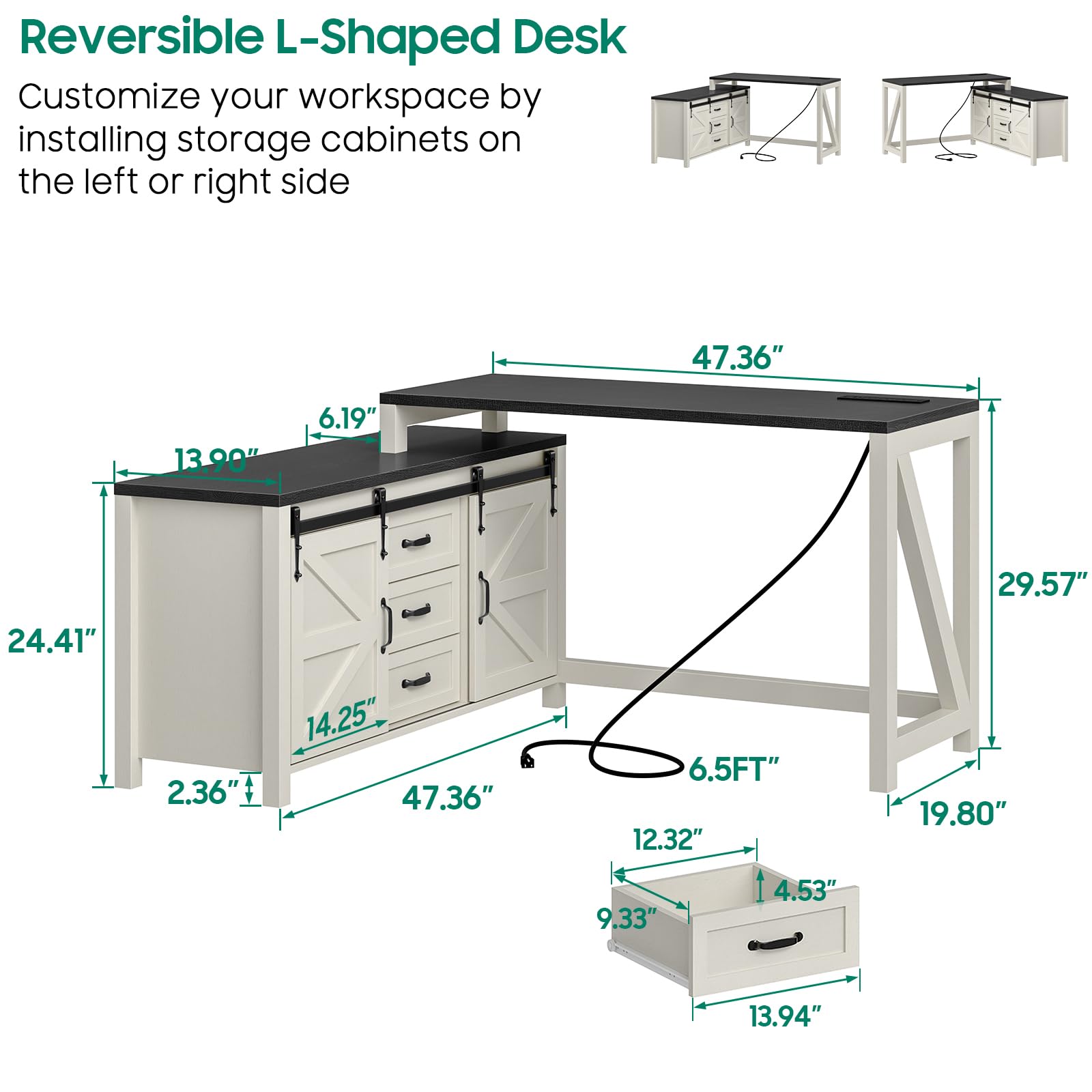 Executive L Shaped Office Desk with Drawers, Farmhouse Corner Desk for Home Office with Storage Cabinet, Computer Desk with Charging Station, Reversible Study Writing Table Workstation, White - WoodArtSupply