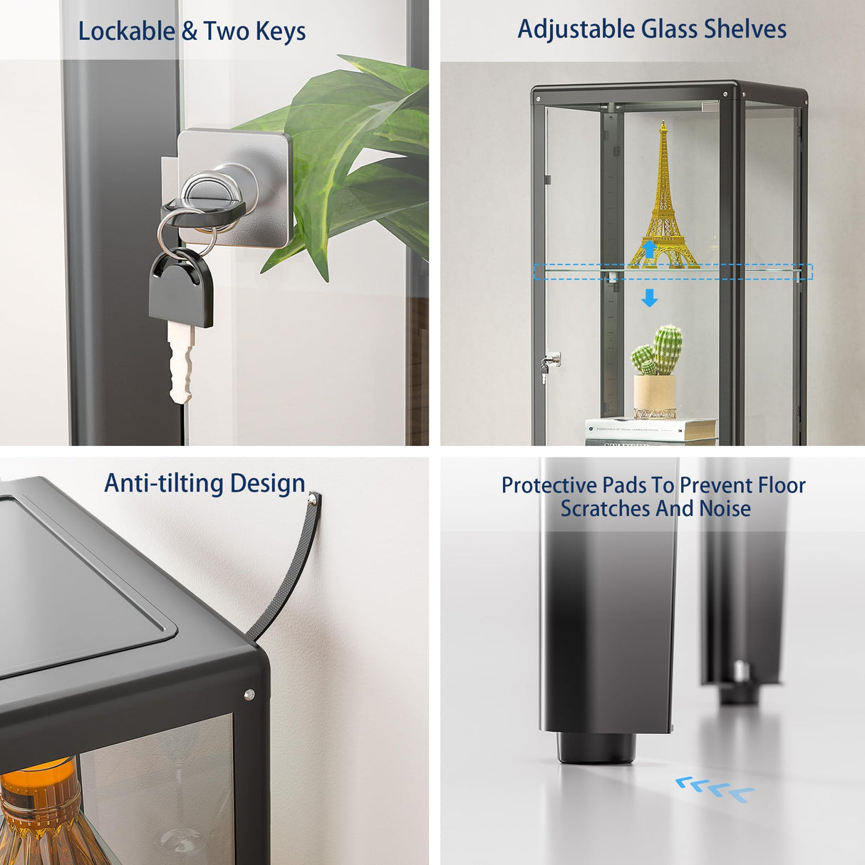 Ryoko Glass Display Cabinet with LED Light, Adjustable 3-Shelf Shelves, Curio Cabinets Metal Storage Display Case for Living Room Bedroom Office (Dark Grey) Ryoko