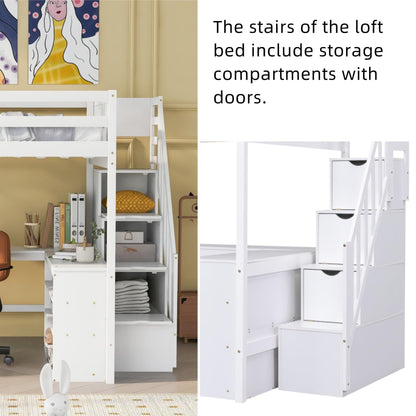 Merax White Full Size Loft Bed with L-Shaped Desk, Storage Shelves, and Attached Stairs - WoodArtSupply