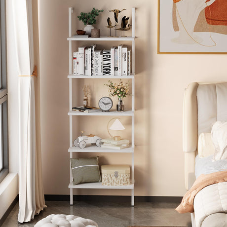 Aboxoo 5-Tier White Ladder Shelf - Industrial Wood Rack for Books, Plants & More aboxoo