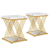 Tribesigns Square End Table White Gold 2-Tier Side Table Modern Small Bedside Table with Storage for Couch, Sofa Side Table with Stylish Metal Frame for Living Room (2, Faux Marble White+Gold) Tribesigns