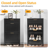 HUSHEDIFY 2 Flip Drawers Shoe Cabinet Storage for Entryway, Narrow Hidden Shoes Organizer for Front Door Entrance, Free Standing Shoes Cabinet Wooden Hallway Shoe Rack(Black) HUSHEDIFY