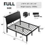 iPormis Full Size Metal Bed Frame with LED Lights & Charging Station, Platform Bed with Ergonomic Storage Headboard, Steel Slats Supports, No Box Spring Needed, Noise-Free, Easy Assembly, Black iPormis