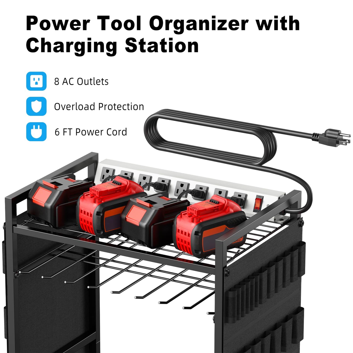 JUNNUJ Large Power Tool Organizer Cart with Charging Station, Garage Floor Standing Rolling Drill and Tools Battery Storage Cart on Wheels, Heavy Duty Rack Shelf with 8 Outlet Power Strip, Black