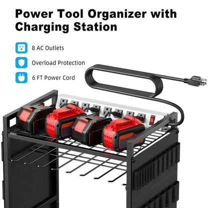 JUNNUJ Large Power Tool Organizer Cart with Charging Station, Garage Floor Standing Rolling Drill and Tools Battery Storage Cart on Wheels, Heavy Duty Rack Shelf with 8 Outlet Power Strip, Black