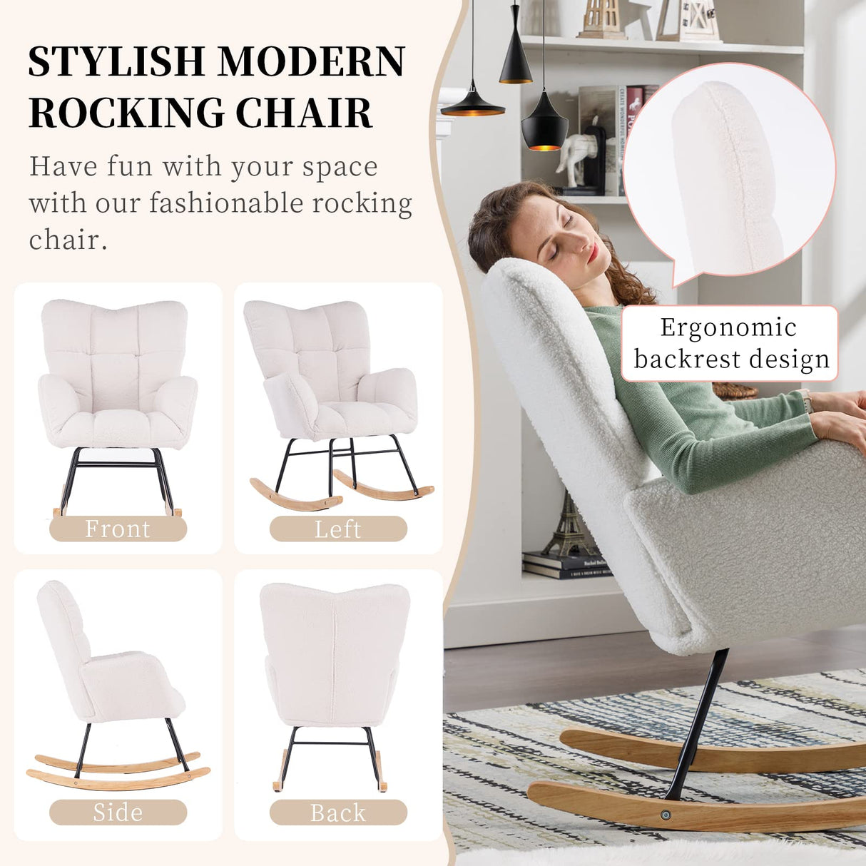 NIOIIKIT Nursery Rocking Chair Teddy Upholstered Glider Rocker Rocking Accent Chair Padded Seat with High Backrest Armchair Comfy Side Chair for Living Room Bedroom Offices (Ivory Teddy) NIOIIKIT