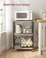 VASAGLE Kitchen Shelf on Wheels, Serving Cart with 3 Shelves, Kitchen Cart, Microwave Shelf, for Mini Oven, Toaster, with 6 Hooks, Industrial Style, Greige and Black UKKS060B02 VASAGLE