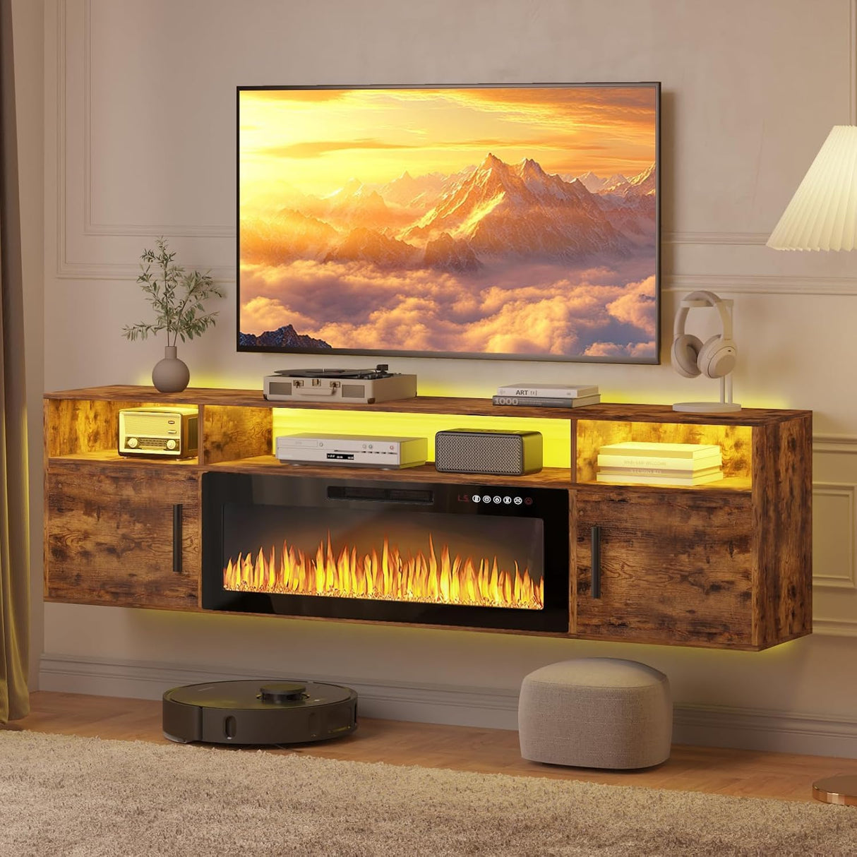 PUKAMI 70" Floating TV Stand with 36" Electric Fireplace,Wall Mounted Entertainment Center with LED Lights and Highlight Storage Cabinet for TVs up to 80" for Living Room (Brown) PUKAMI