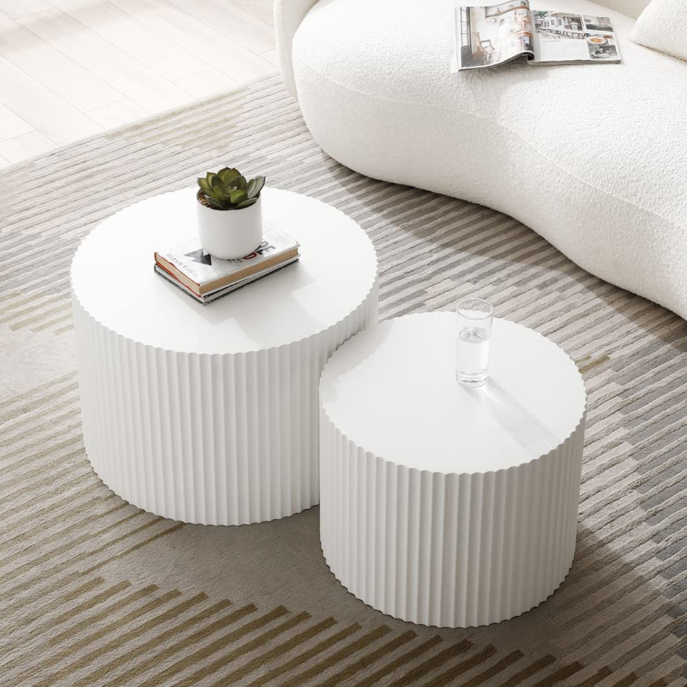 JURMALYN White Round Coffee Table Nesting Coffee Table Set of 2 Contemporary Circle Coffee Table Fluted Side Tables End Table for Living Room Office JURMALYN