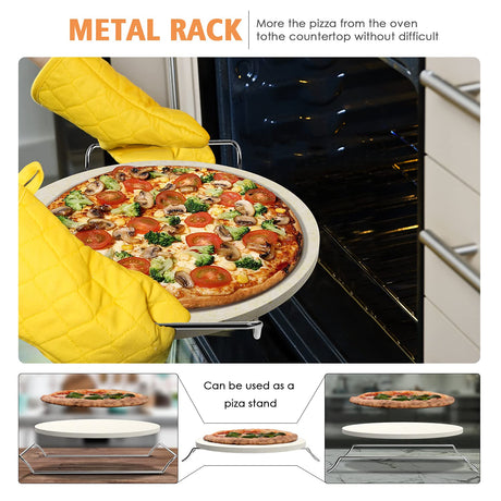 5 PCS Round Pizza Stone Set, 13" Pizza Stone for Oven and Grill with Pizza Peel(OAK),Serving Rack, Pizza Cutter & 10pcs Cooking Paper for Free, Baking Stone for Pizza, Bread Gyreuni
