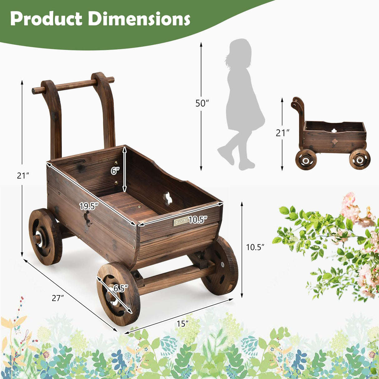 Giantex Wooden Wagon Planter Raised Bed on Wheels, Handle, Drainage Hole, Decorative Wagon Cart, Rustic Flowerpot Planter, Mobile Plant Pot Stand, Indoor & Outdoor Patio Garden Balcony Giantex