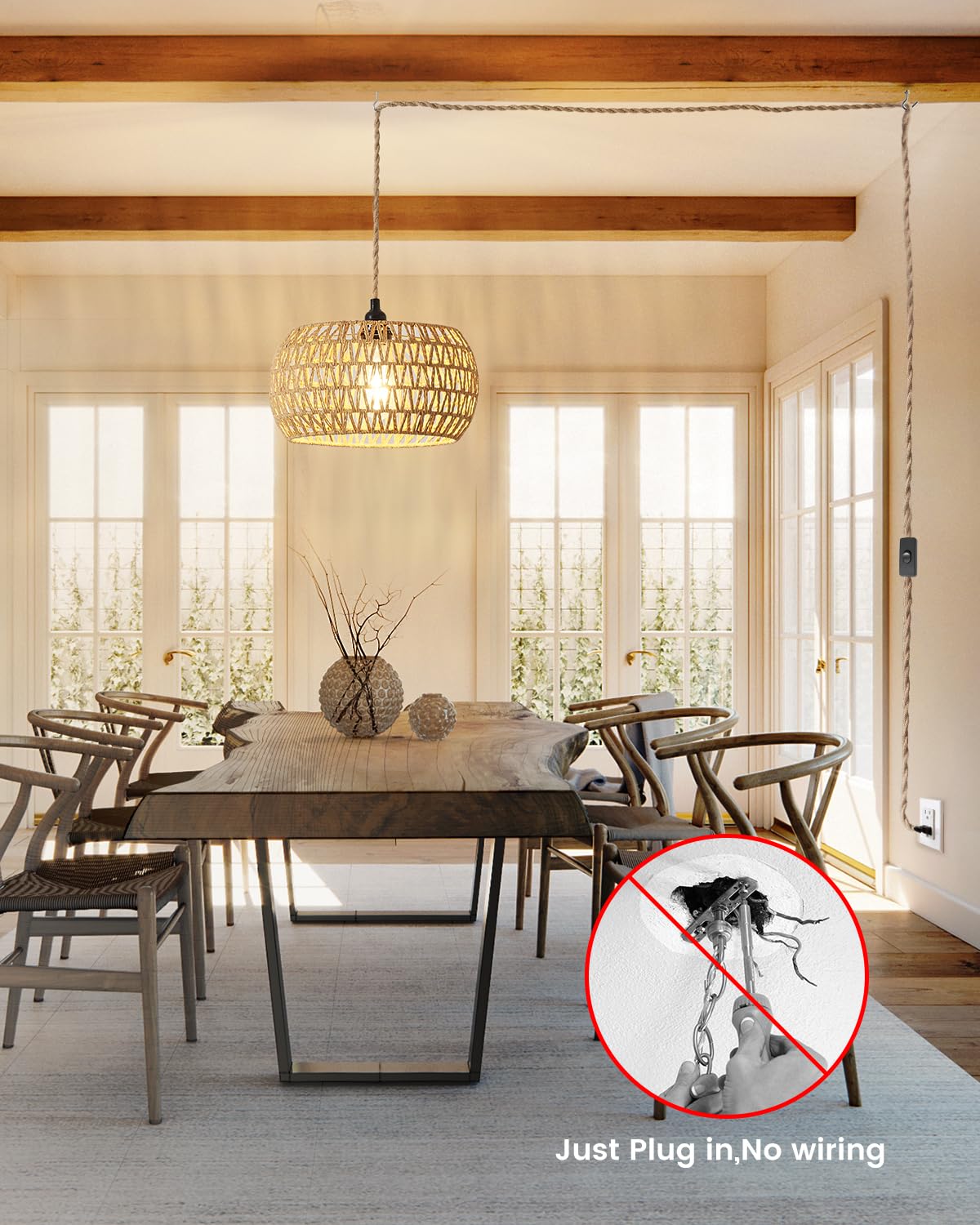 Rattan Boho Hanging Light,12.6'' Natural Hand Woven Fabric Drum Light,Plug Into Wall Outlet Pendant Light Fixture On/Off Switch for Dining,Living Room,Bedroom,Kitchen,Hallway Entryway, Without Bulb Dgroositon