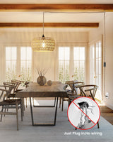 Rattan Boho Hanging Light,12.6'' Natural Hand Woven Fabric Drum Light,Plug Into Wall Outlet Pendant Light Fixture On/Off Switch for Dining,Living Room,Bedroom,Kitchen,Hallway Entryway, Without Bulb Dgroositon