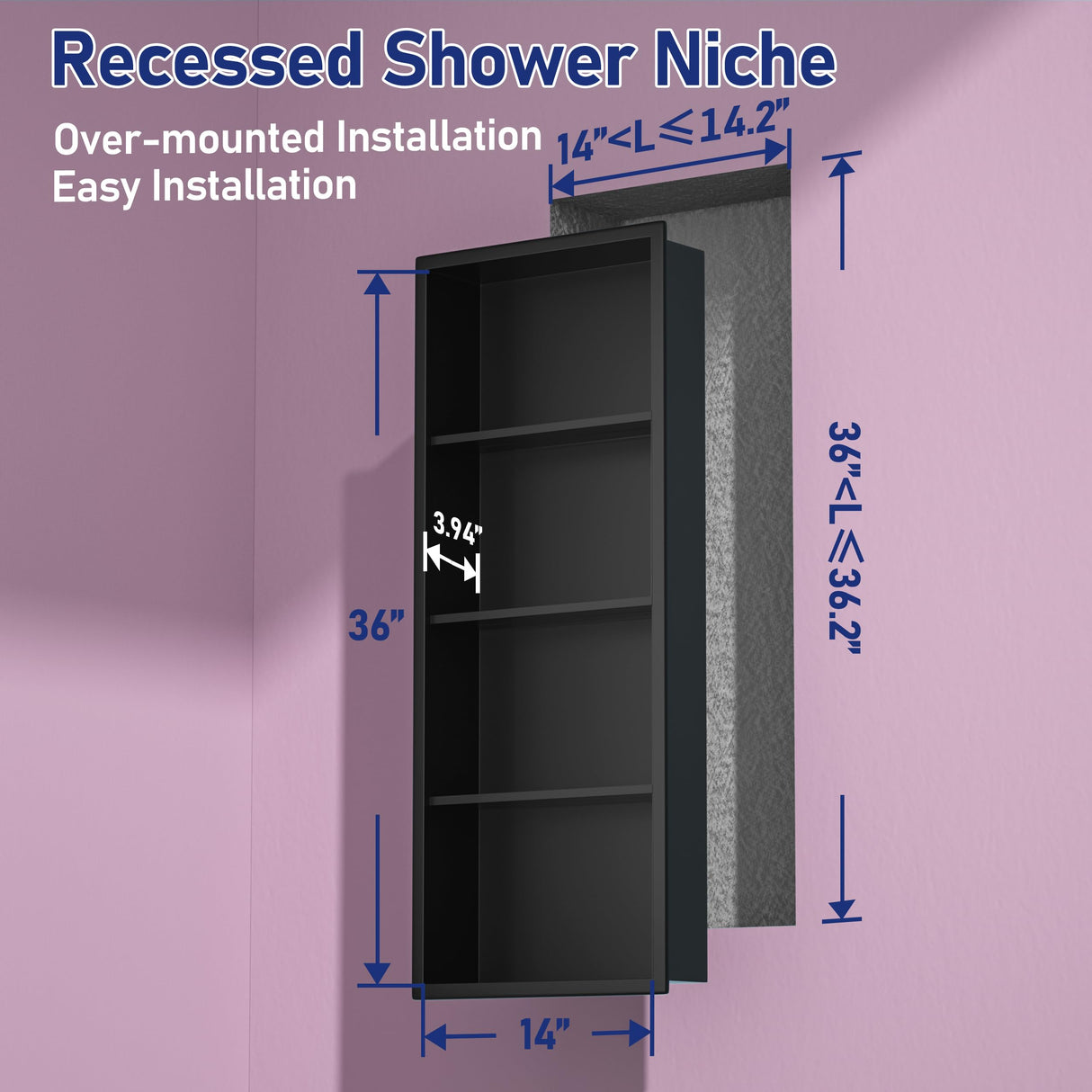 Bernkot Stainless Shower Niche 14"x 36" Matte Black with 4-Tier Shelves No Tile Needed Niche Shower for Bathroom Wall Storage Recessed Medicine Cabinet Bernkot