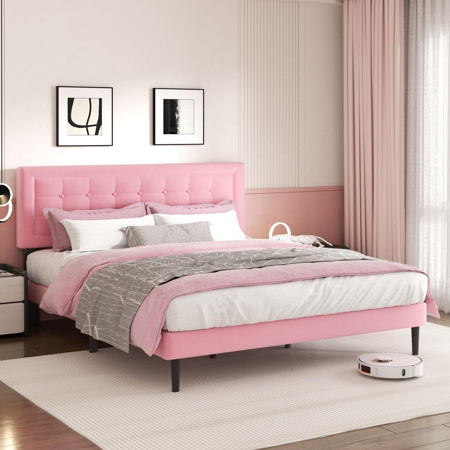 CXVX King Size Bed Frame with Headboard, Platform Bed Frame with Velvet Upholstered Button Tufted Headboard, Wood Slats Support, No Box Spring Needed, Mattress Foundation, Easy Assembly, Pink