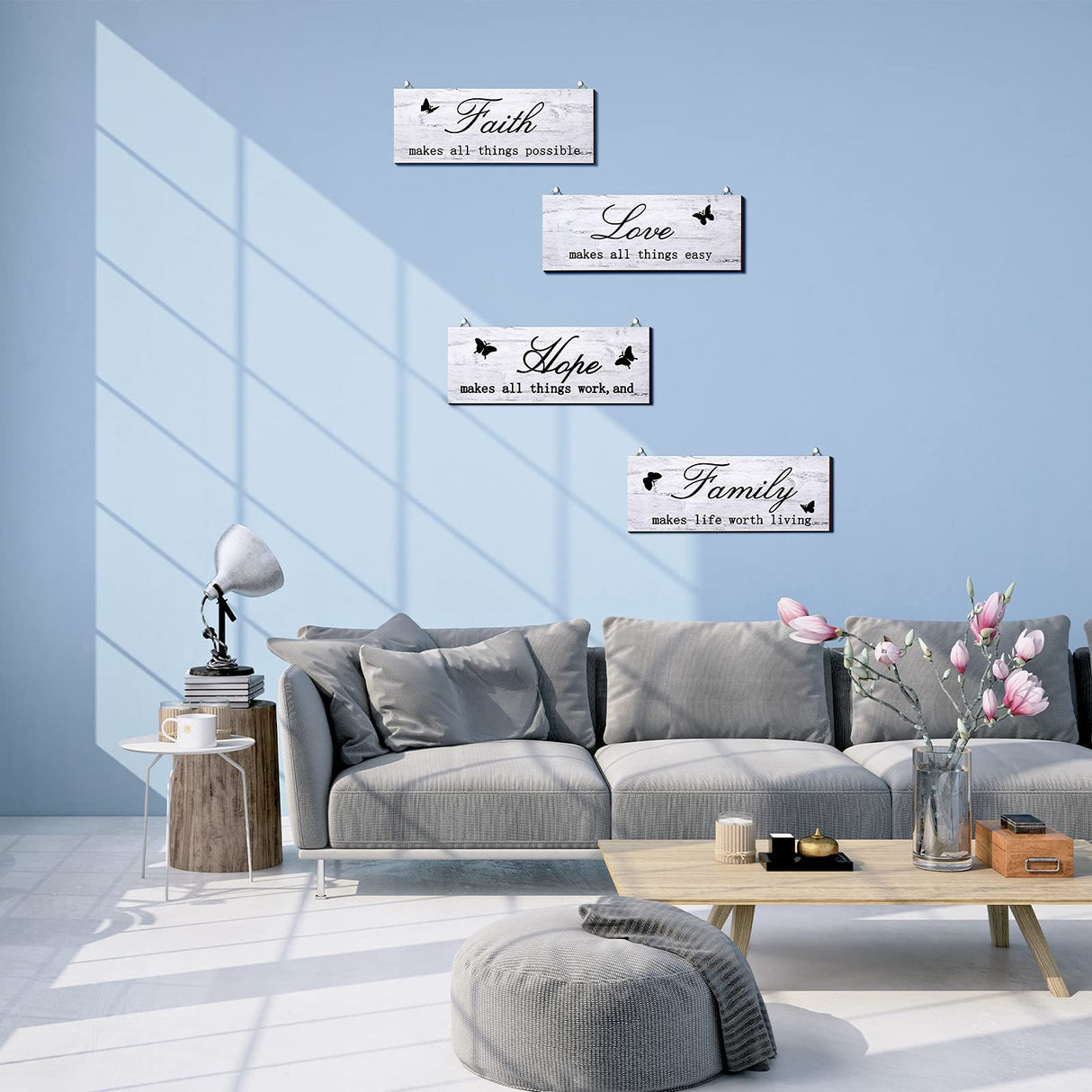 4 Pieces Faith Love Hope Family Wood Sign Farmhouse Wooden Family Sign with Quotes Faith Love Hope Family Home Sign Plaque Rustic Wooden Home Wall Sign for Front Porch Door Wall, 10 x 4 Inch (White) Jetec