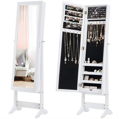 Giantex Jewelry Cabinet with Full-Length Mirror, Standing Jewelry Armoire Organizer with 64 Earring Slots, 20 Necklace Hooks, 72 Ring Slots, 4 Storage Shelves, 3 Angel Adjustable (White) - WoodArtSupply