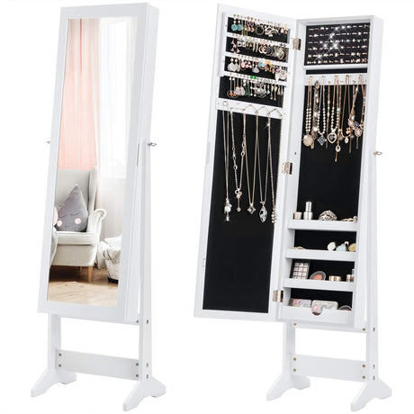 Giantex Jewelry Cabinet with Full-Length Mirror, Standing Jewelry Armoire Organizer with 64 Earring Slots, 20 Necklace Hooks, 72 Ring Slots, 4 Storage Shelves, 3 Angel Adjustable (White) Giantex
