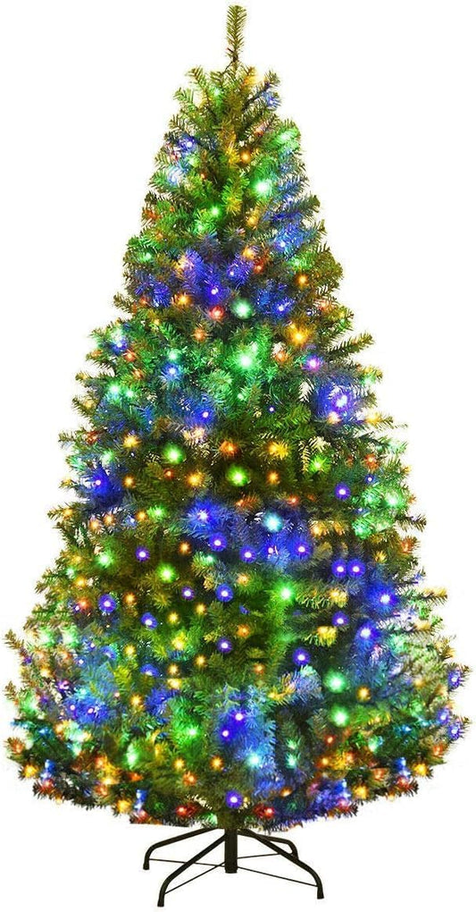 Goplus 6FT Pre-Lit Artificial Christmas Tree, Hinged Spruce Xmas Full Tree with 350 LED Multicolor Lights, 11 Lighting Modes, 1000 PVC Branch, Foldable Base, for Indoor Home Office Decoration