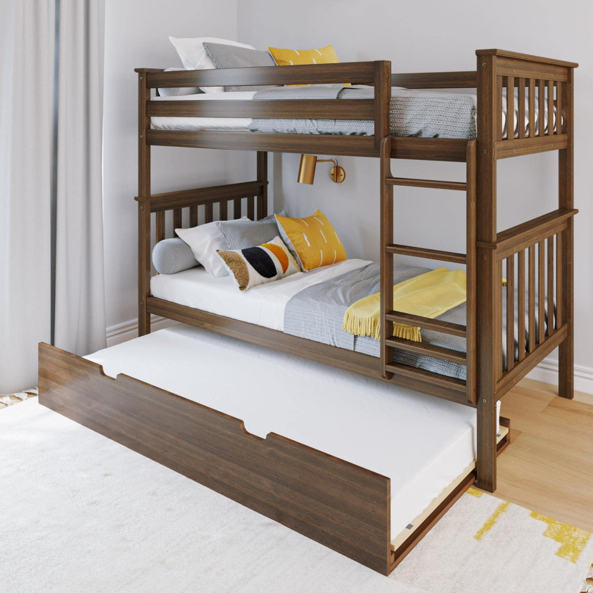 Max & Lily Bunk Bed, Twin-Over-Twin Bed Frame for Kids with Trundle, Walnut Max & Lily