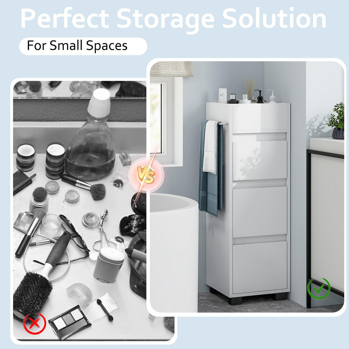 Tangkula Square Bathroom Floor Cabinet, Freestanding Storage Cabinet with 3 Drawers, 4 Top Dividers and 1 Towel Rack, Chest of Drawers for Narrow Places, 12 x 12 x 35.5 Inch (White, 35.5" H) Tangkula