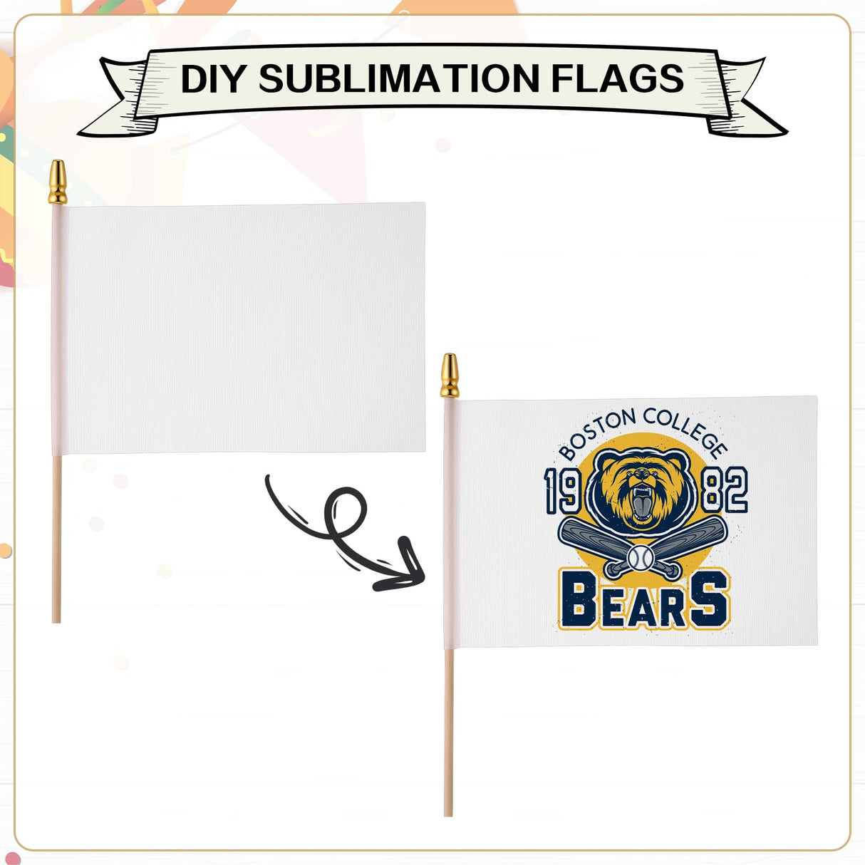 Remerry 100 Sets Sublimation Blank Flags Small White Flags Mini DIY Flags on Stick Sublimation White Flags with Wood Stick for Kids Birthday Party Parades Day Wedding Events Celebration, 5x8 Inch Remerry