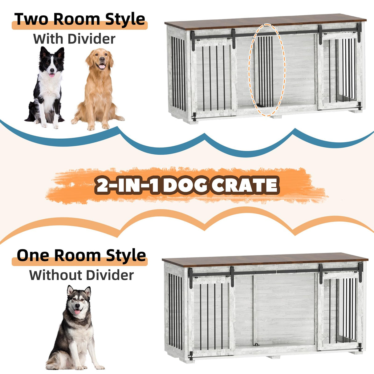 EBE Dog Crate Furniture, 63''Wooden Dog Kennel with Removable Divider and Sliding Door, Dog Crate with Double Rooms, Heavy Duty Dog Crate Table Indoor TV Stand for Small Medium Large Dogs EBE