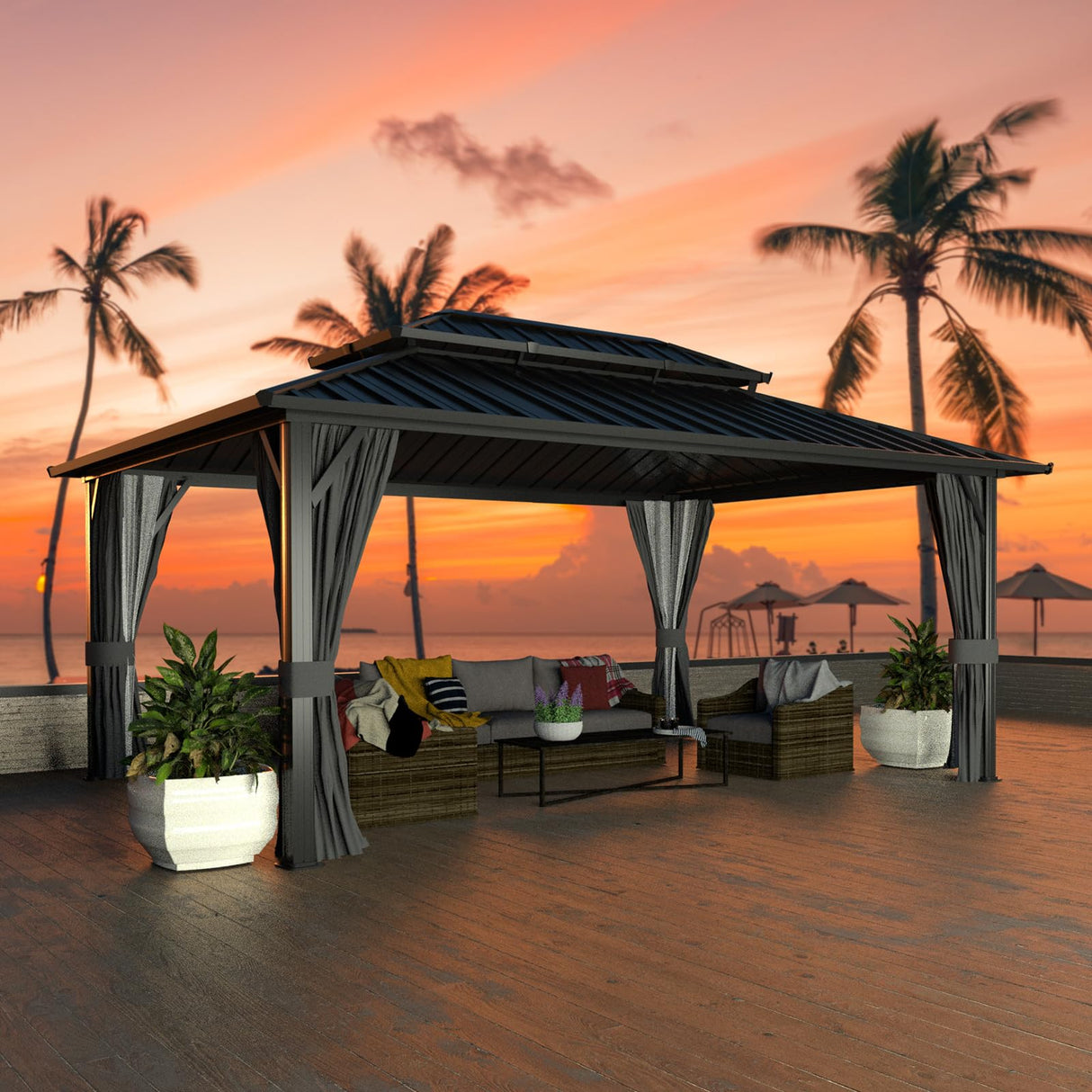 VEIKOU 12' X 16' Hardtop Gazebo, Outdoor Aluminum Gazebo, Double Roof Gazebo Pergola, Heavy Duty Patio Gazebo w/Netting and Curtains for Garden, Deck, Backyard VEIKOU