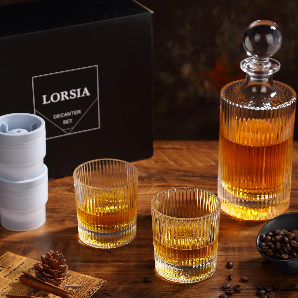 Whiskey Decanter Set with Gift Box - Includes 2 Crystal Bourbon Glasses and 2 Big Ice Ball Molds - Whiskey Glasses Set for Scotch, Cocktails, Rum, Cognac, Vodka - Unique Gift for Men LORSIA