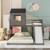 Harper & Bright Designs House Bunk Beds Twin Over Full Size, Wood Bunk Beds with Roof and Window (Distressed Grey, Twin Over Full (with Slide)) Harper & Bright Designs