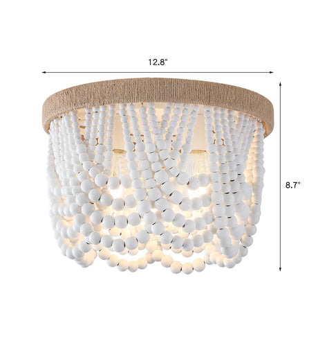 AMZASA White Boho Wood Beaded with Hemp Rope Flush Mount Ceiling Light Farmhouse Small Chandelier Light Fixture for Bedroom Hallway Entryway Closet Kitchen Dining Room Living Room Nursery AMZASA