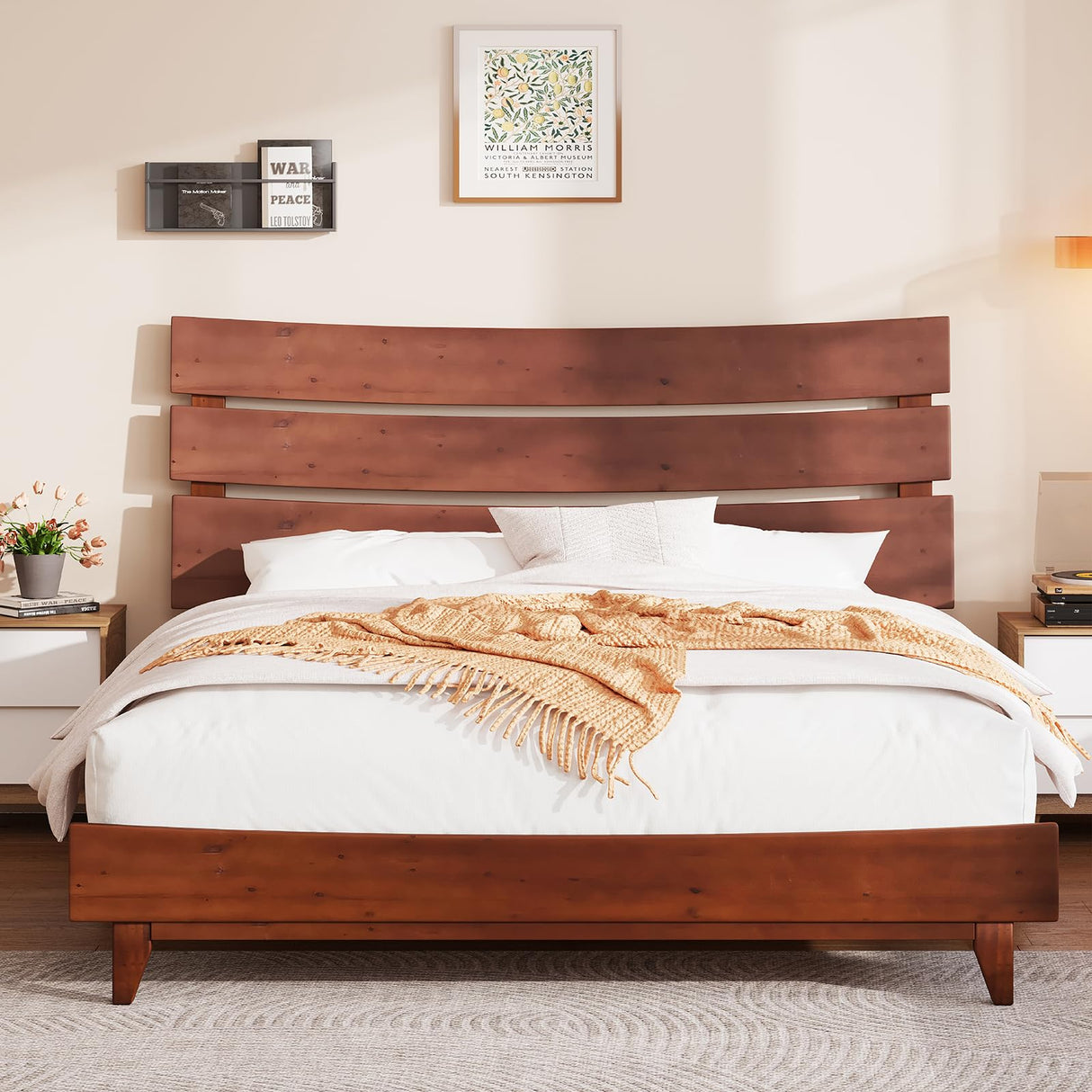 King Size Solid Wood Platform Bed Frame with Wooden Headboard - Easy Assembly, No Box Spring Required, Walnut Finish AMERLIFE