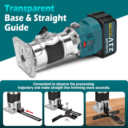 SundpeyPRO Cordless Brushless Router Tool - 21V Compact Wood Router with 2 Pack 4.0Ah Batteries - Handheld Plunge Router Trim Router for Woodworking - 6 Variable Speed & Fixed Base & Edge Gui - WoodArtSupply