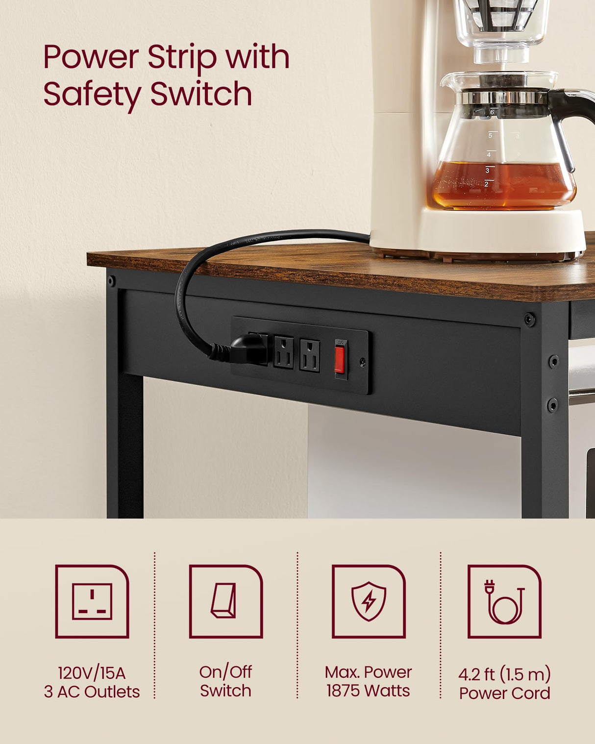 VASAGLE Kitchen Island with 3 Shelves, 47.2 Inches Width Kitchen Shelf with Power Strip, Large Worktop, Stable Steel Structure, Industrial, Easy to Assemble, Rustic Brown and Black UKKI101K01 VASAGLE