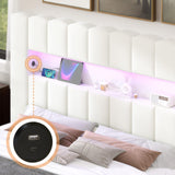 Jocisland King Bed Frame with 51.2" Tall Headboard, LED Lights & Charging Station, Velvet Upholstered Platform, No Box Spring Required, Cream Jocisland