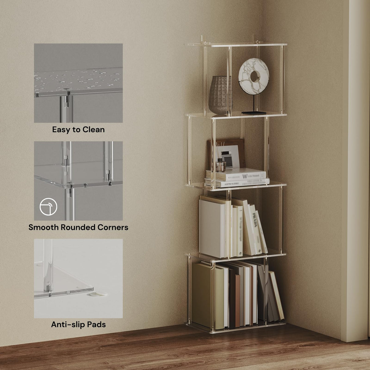 CRTERICX Acrylic Geometric Bookshelf for Small Spaces, 5-Tier Clear S Shaped Bookcase, Modern Open Book Shelf for Living Room, Bedroom, Office, 9.3" D x 15.6" W x 48.8" H, Easy Assembly CRTERICX