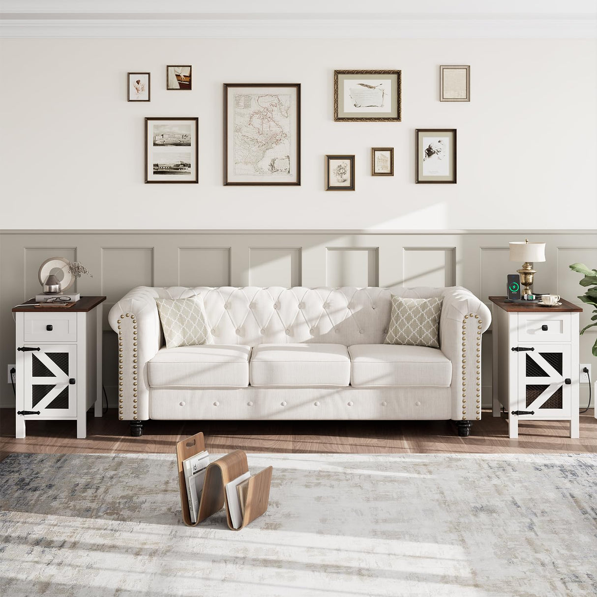 HAIOOU Farmhouse End Table with Charging Station, Narrow White Side Tables with Storage Cabinet and Drawer, Wood Nightstand with Power Outlets & USB Ports for Bedroom, Living Room HAIOOU