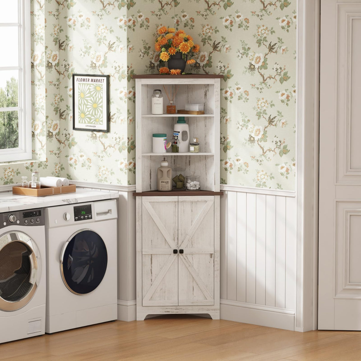 Lifewit Tall Corner Cabinet, Farmhouse Storage Cabinet with Barn Door Design & Adjustable Shelves, Home Space Saver for Bathroom, Living Room, Rustic White Lifewit