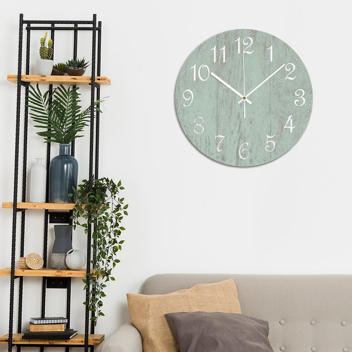 COCOKEN Wall Clock Silent Non Ticking Wooden Clocks Seafoam Green Clock Battery Operated 15in, Round Farmhouse Clock, Rustic Clocks Decor for Home Kitchen Office COCOKEN