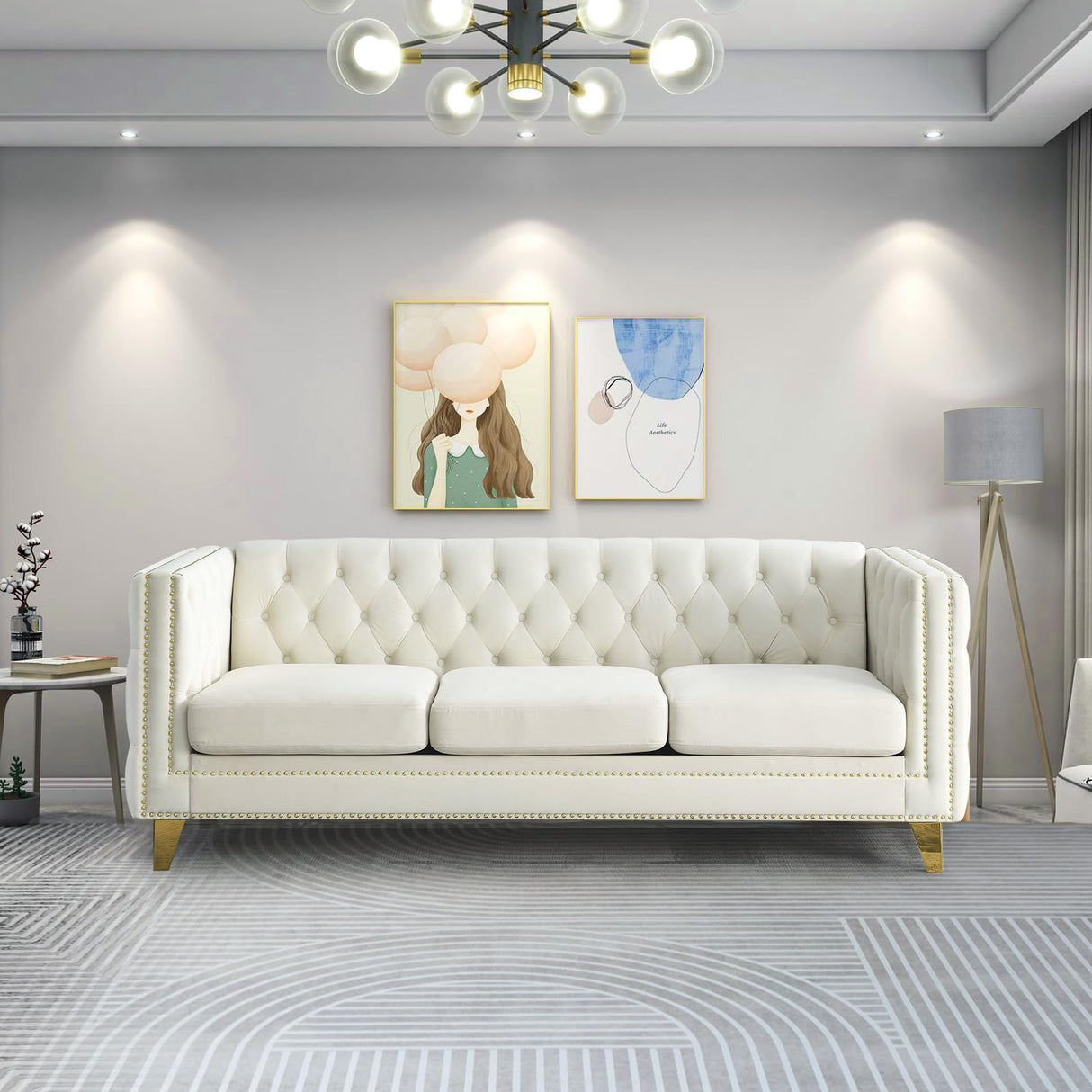 80.5-Inch Velvet 3 Seater Sofa Couch, Comfy Couches for Living Room, Modern Sofa with Tufted Back and Rivet Decoration, Upholstered Long Couch with Solid Golden Metal Tapered Legs, Beige KINFFICT