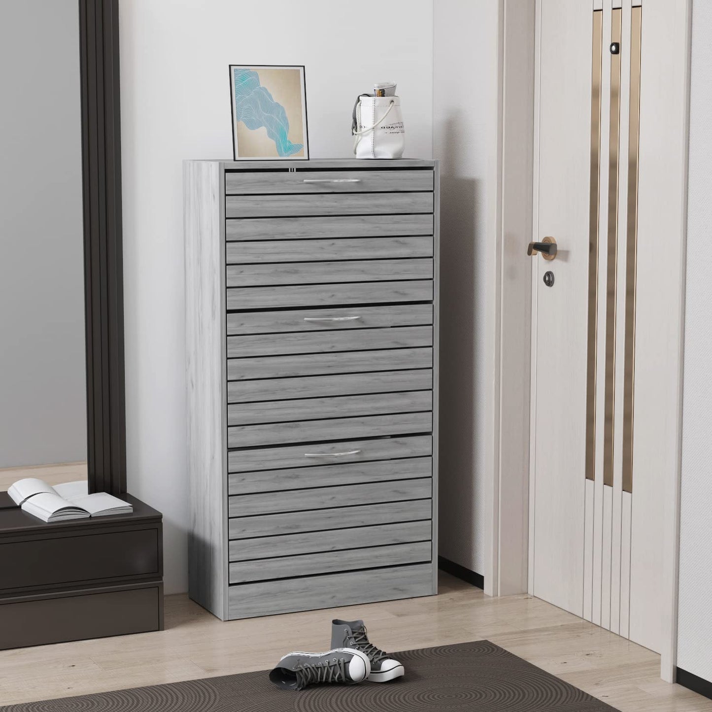 Homsee 3-Drawer Shoe Storage Cabinet with Louver Doors, 3-Tier Wood Shoe Rack Storage Organizer for Entryway, Grey (22.4”L x 9.4”W x 42.3”H)