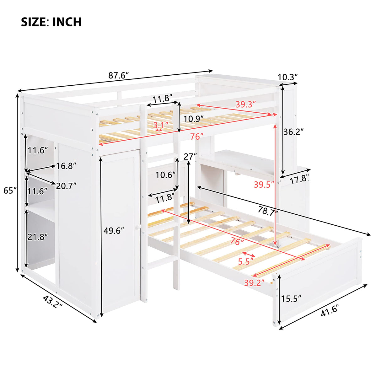 Loft Bed with Desk and Wardrobe Twin Over Twin Loft Bunk Beds Frame with Storage Drawers and Bookcase Wood All in One Beds for Kids Boys Girls Teens, White Bellemave