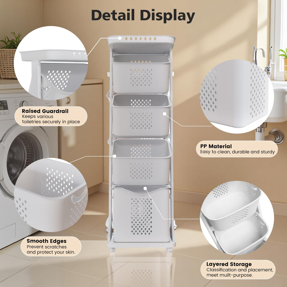 BAOKALER 4-Tier Laundry Hamper Sorter, Vertical Rolling Laundry Baskets with Wheels Removable, Stackable Laundry Cart Organizer and Storage for Small Space, Dorm, Closet, Bathroom BAOKALER