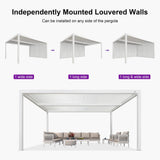 PURPLE LEAF Louvered Pergola 12' x 16' Outdoor White Aluminum Pergola with Fixed Shutter Wall Adjustable Roof Gazebo for Patio Backyard, 1 Long Side and 1 Short Side PURPLE LEAF