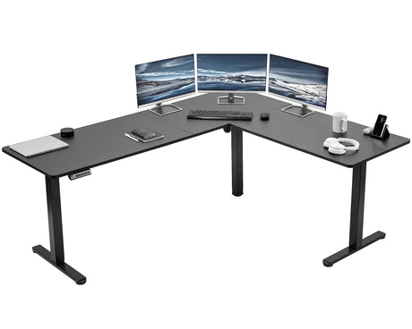 VIVO Electric Corner L-Shaped 75 x 63 inch Standing Desk, Height Adjustable, Memory Controller, Black Top Black Frame, DESK-E3CTB-75 VIVO