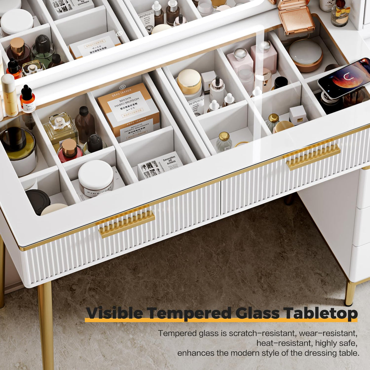 Arulvmrn Makeup Vanity Desk with Mirror and Lights, 48" Big Modern Vanity Desk with 5 Drawers & Shelves, Dressing Table with Charging Station, Glass Top Vanity Table for Bedroom,White Arulvmrn