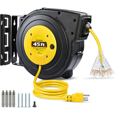 SURAIELEC 12 Gauge Extension Cord Reel, 45 FT Retractable Extension Cord, 12 AWG/3C SJTOW Heavy Duty Power Cord, 15 AMP Circuit Breaker, Lighted Triple Tap, Ceiling or Wall Mount, UL Listed SURAIELEC