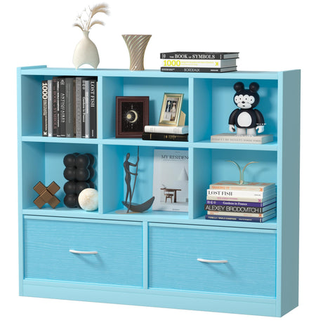 Adompacat Cube Bookshelf Storage Organizer Bookcase,8 Cube Open Mid-Centur Shelf,Freestanding Display Bookshelve, Modern Wide Kids Toy Shelf with Drawers for Bedroom Living Room Office,Blue Adompacat